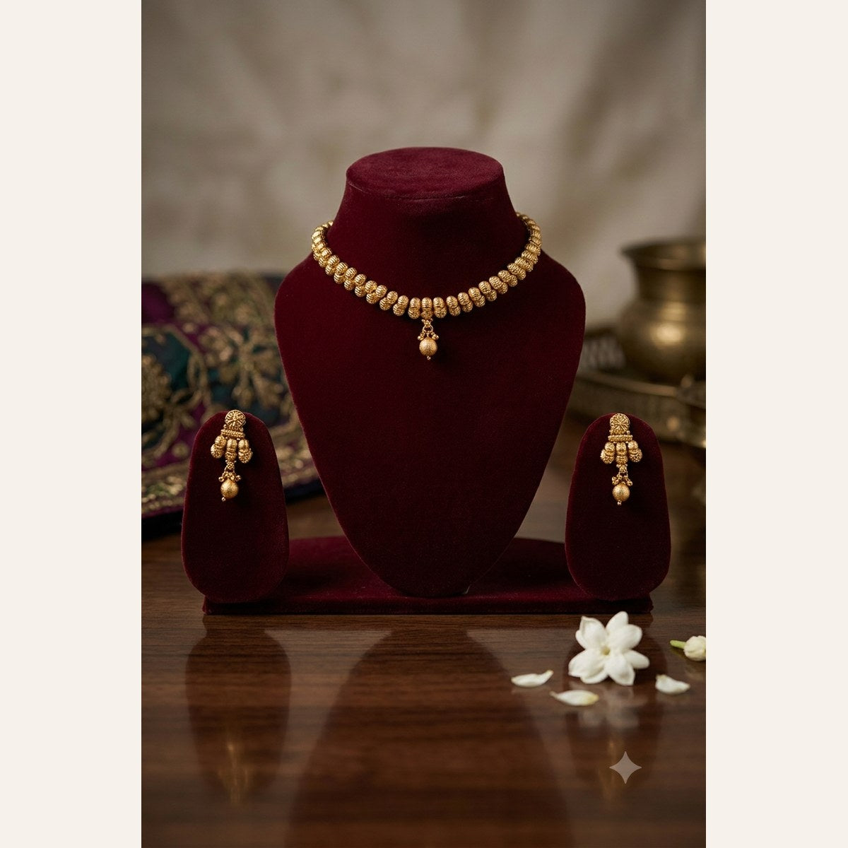 Royal Heritage Textured Matte Gold Block Choker and Earring Set